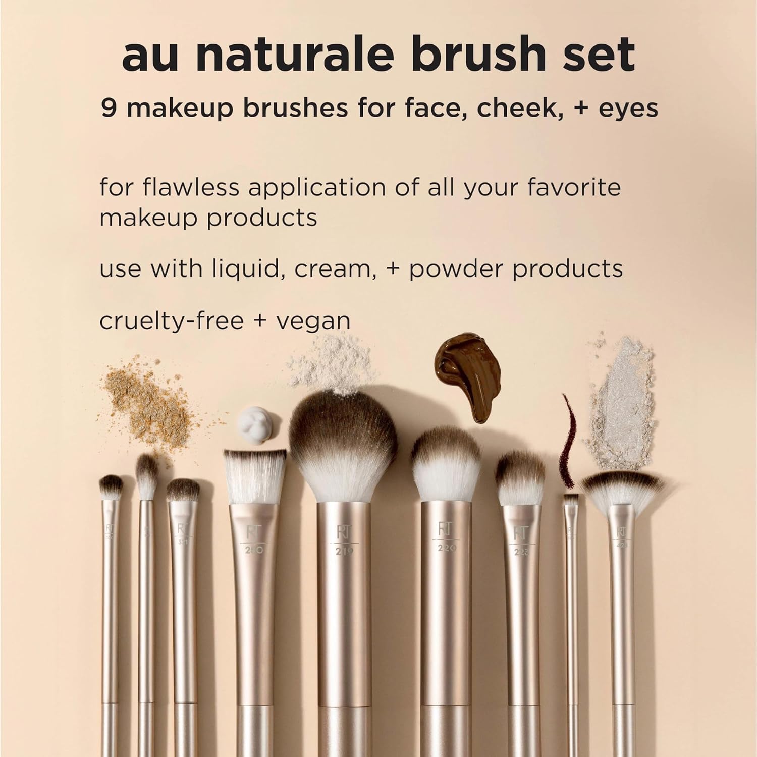 Au Naturale makeup brushes set with text on a beige background