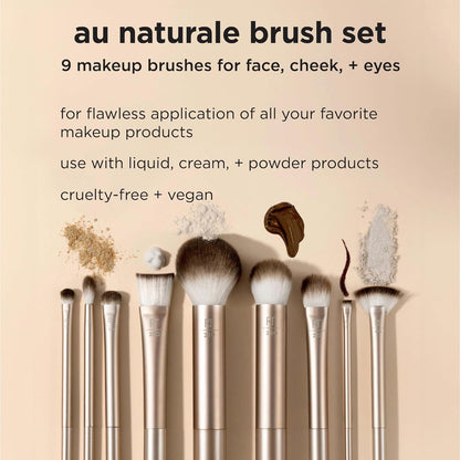 Au Naturale makeup brushes set with text on a beige background