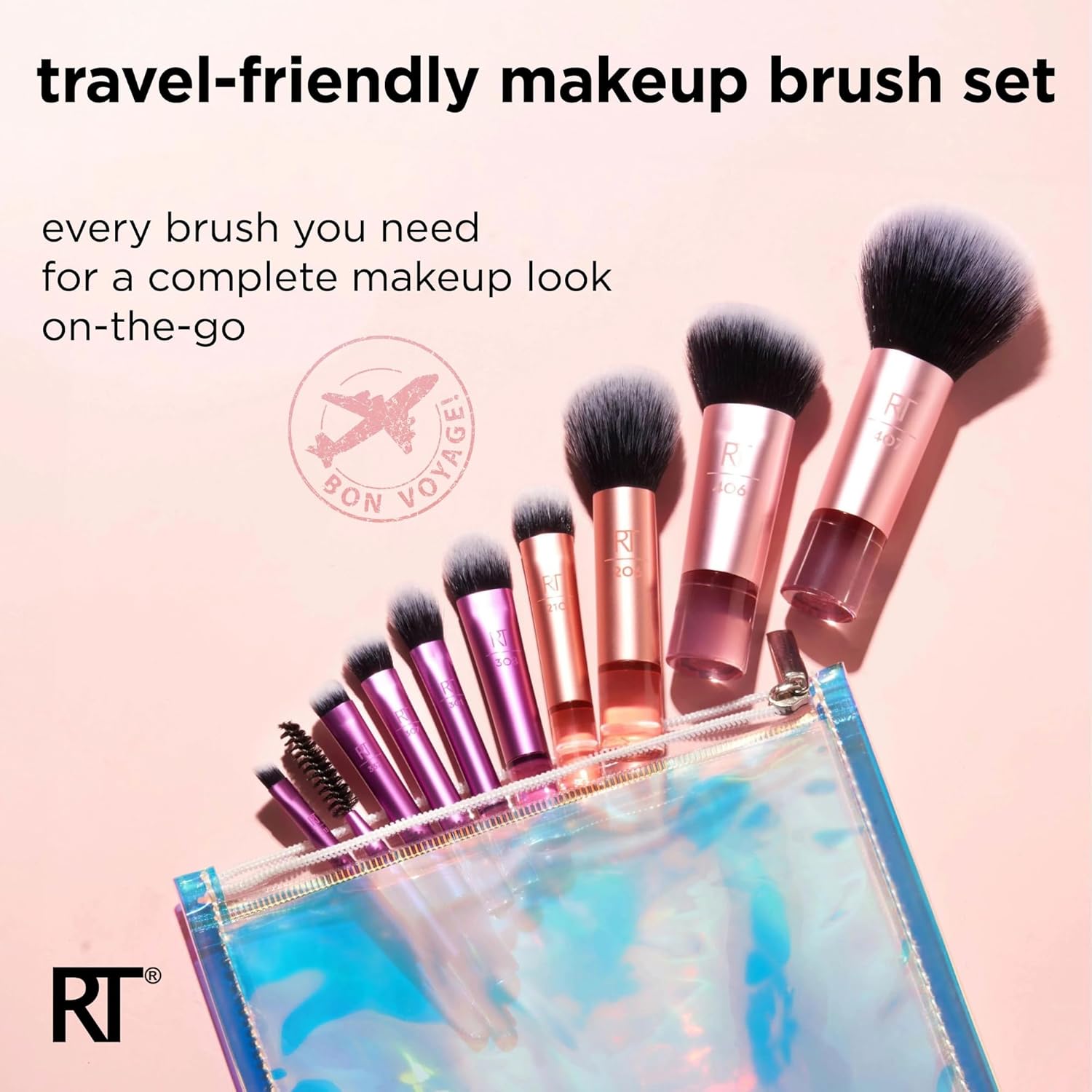 Travel-friendly makeup brush set with a clear case on a pink background, featuring the RT brand.