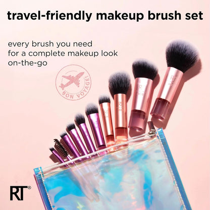Travel-friendly makeup brush set with a clear case on a pink background, featuring the RT brand.