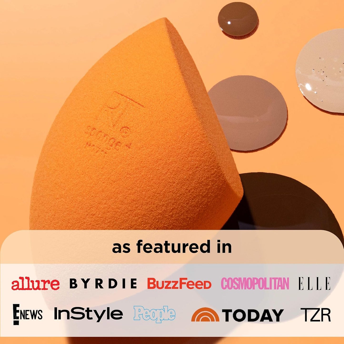 Orange makeup sponge with a brand logo on an orange background, featuring multiple media outlet logos below.