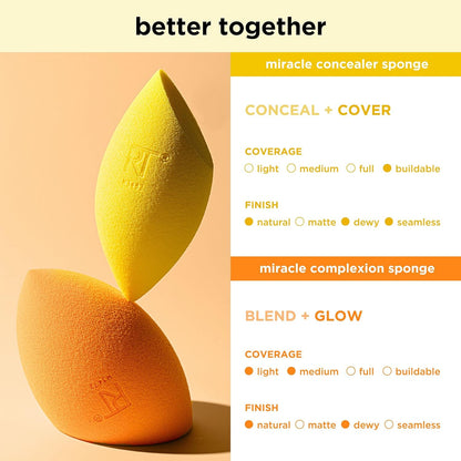 Two makeup sponges, one yellow and one orange, with product features on a peach background.