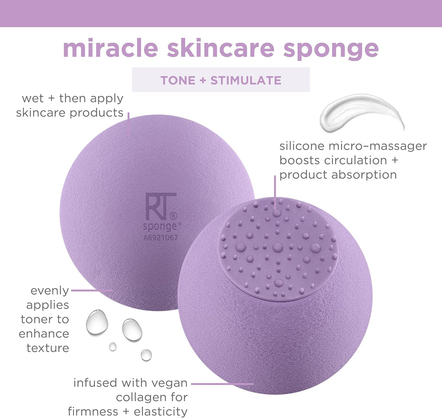 Purple skincare sponge with text describing its features on a purple background