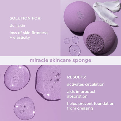 Purple skincare sponge with text on a purple background