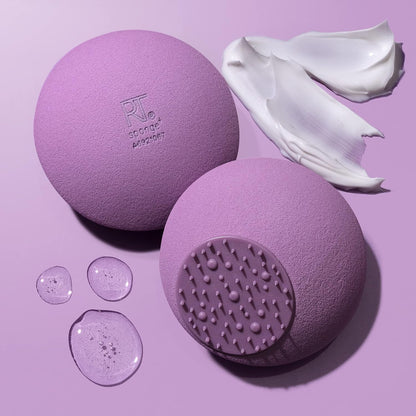 Purple textured product with brand logo on a pink background