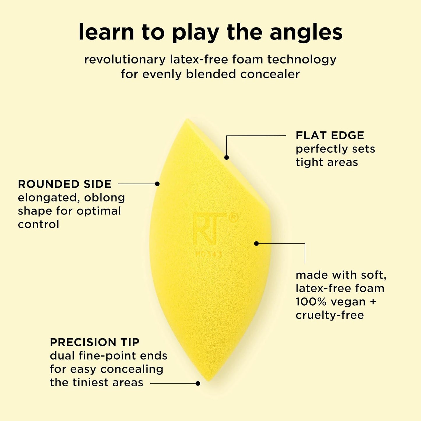 Yellow makeup sponge with features labeled on a beige background