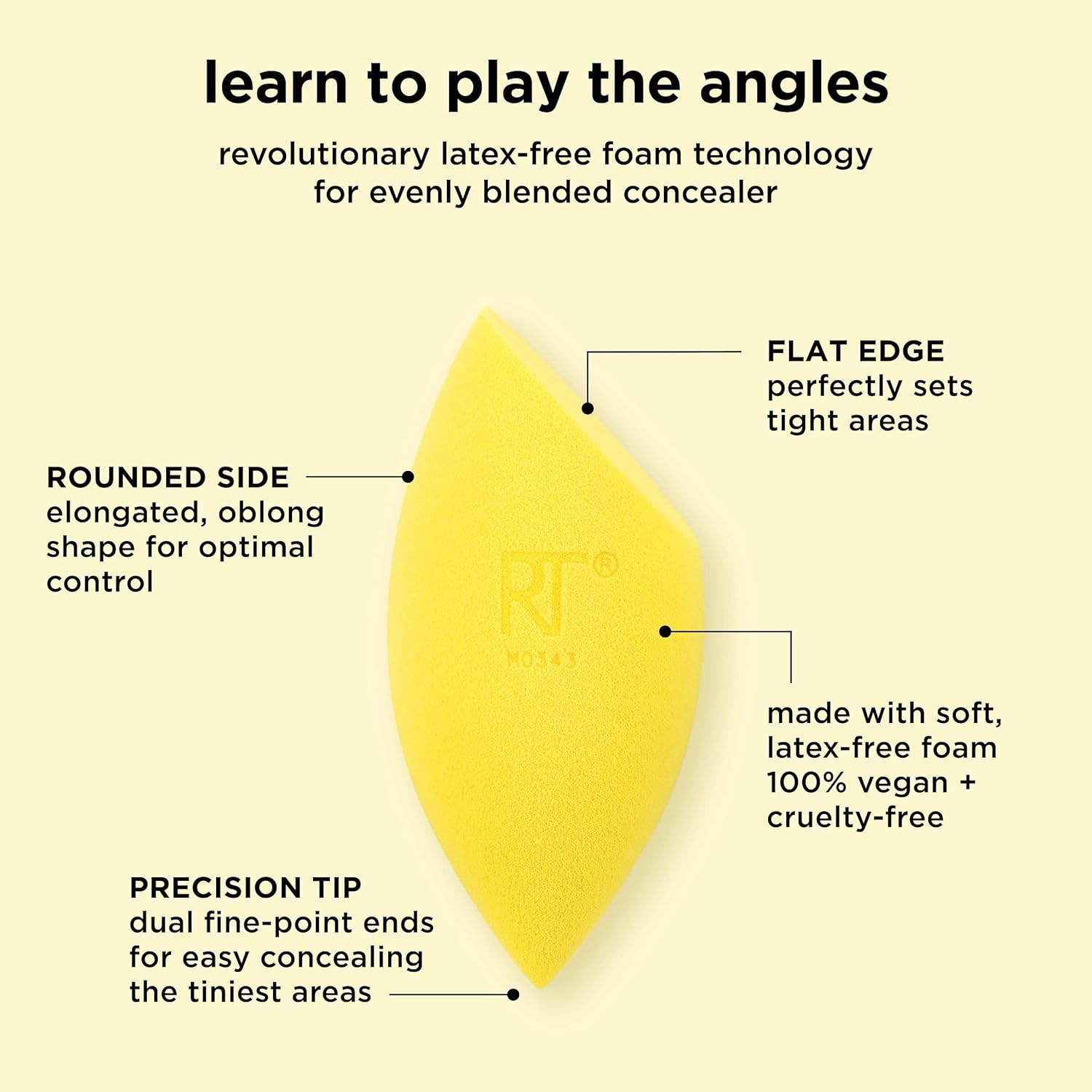 Yellow makeup sponge with features labeled on a beige background