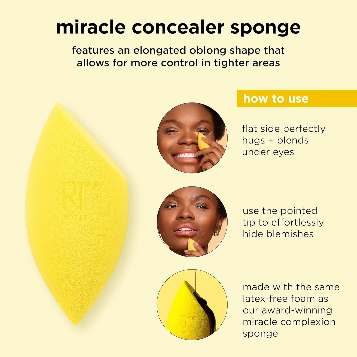 Yellow concealer sponge with usage instructions on a beige background