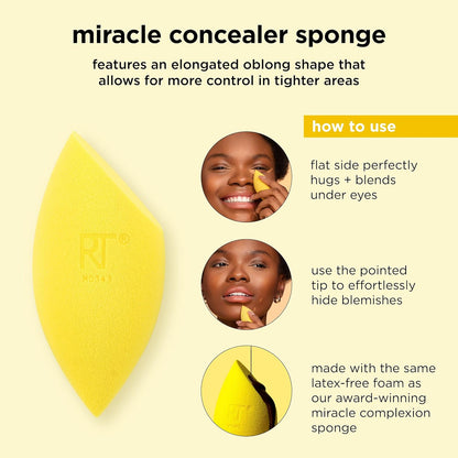 Yellow concealer sponge with usage instructions on a beige background