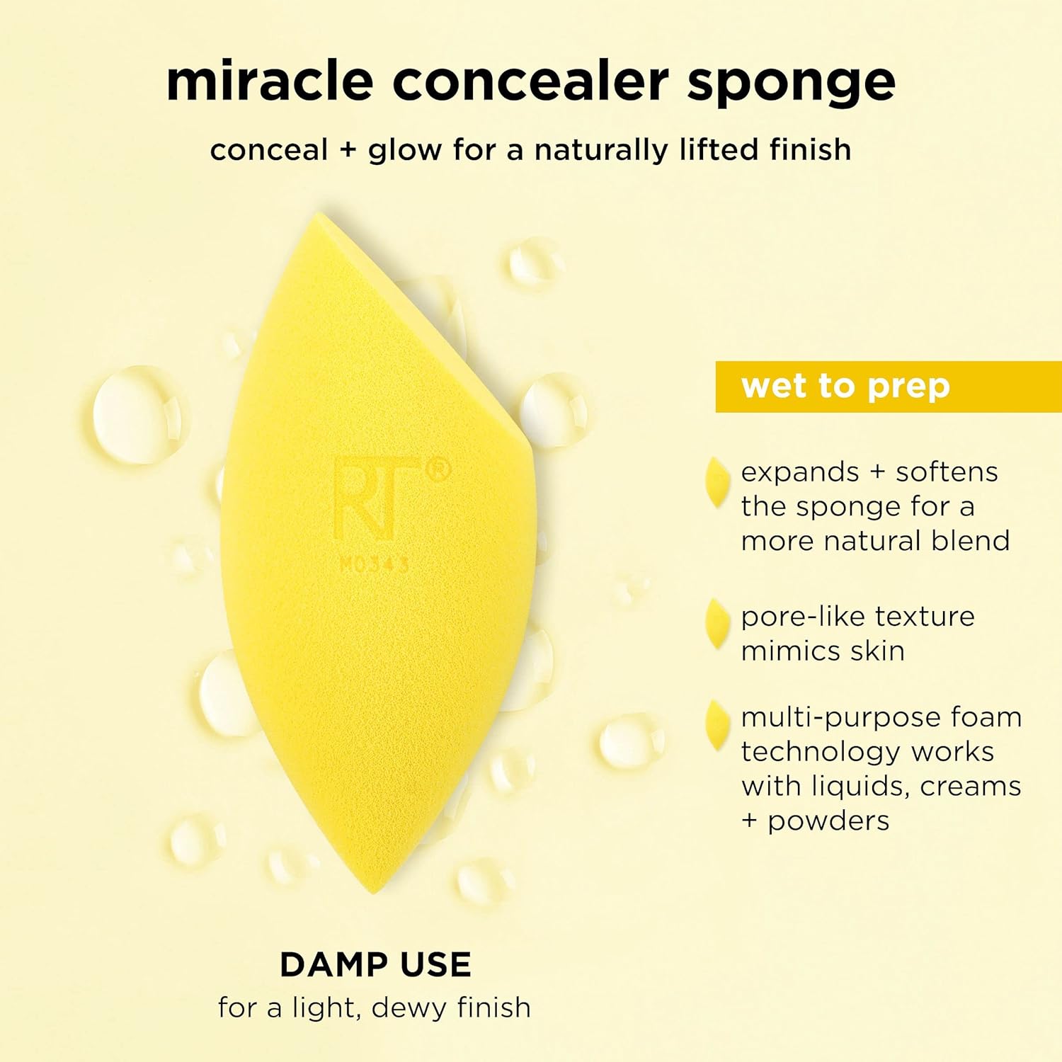 Yellow makeup sponge with text describing its features on a beige background