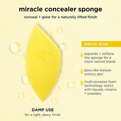 Yellow makeup sponge with text describing its features on a beige background