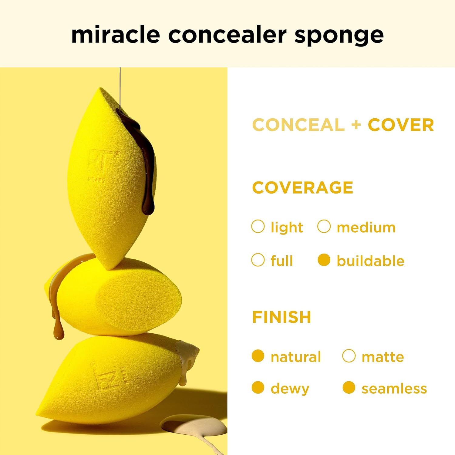 Yellow makeup sponge with branding on a yellow background, featuring options for coverage and finish.