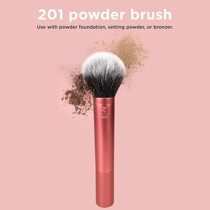 Makeup brush with powder on a pink background, labeled '201 powder brush'.