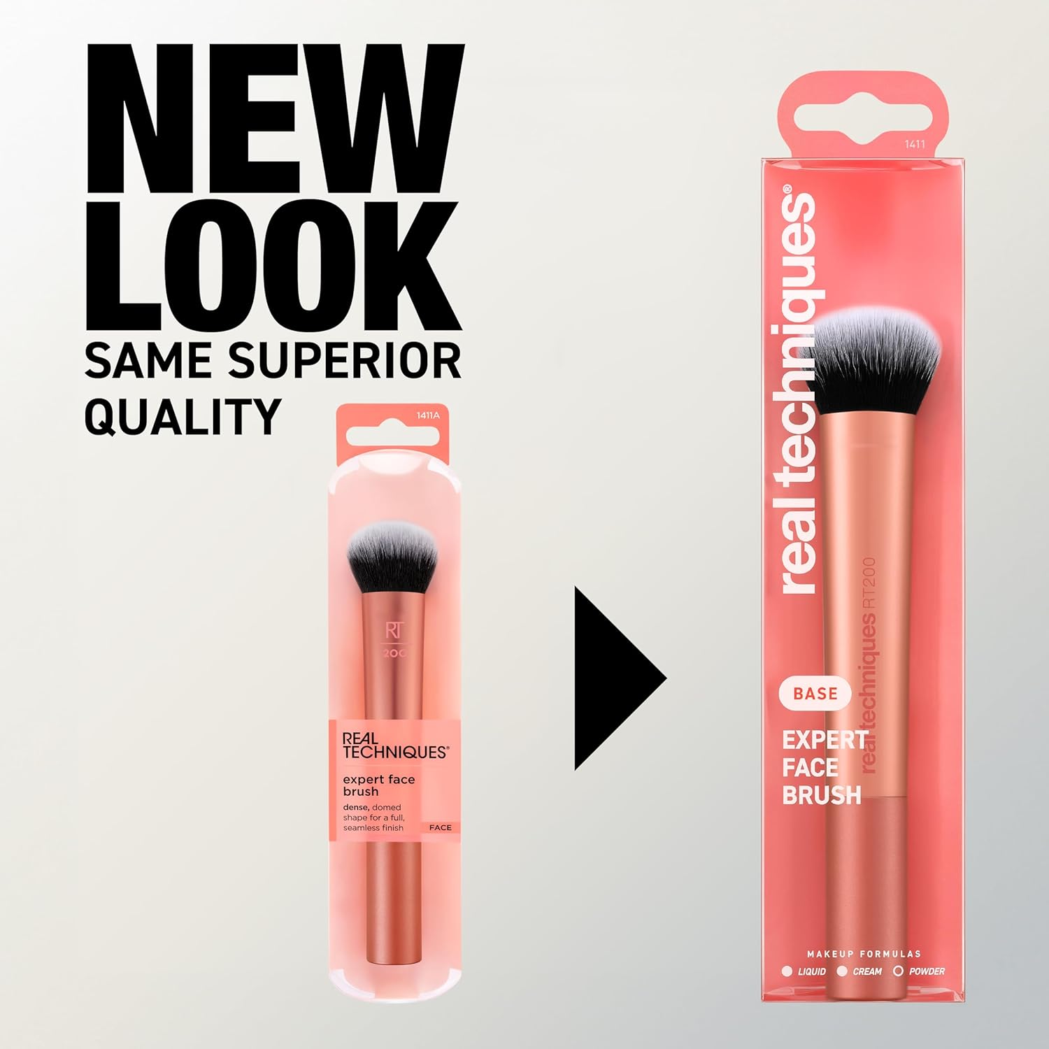 Real Techniques makeup brush packaging with 'New Look, Same Superior Quality' text on a gray background.
