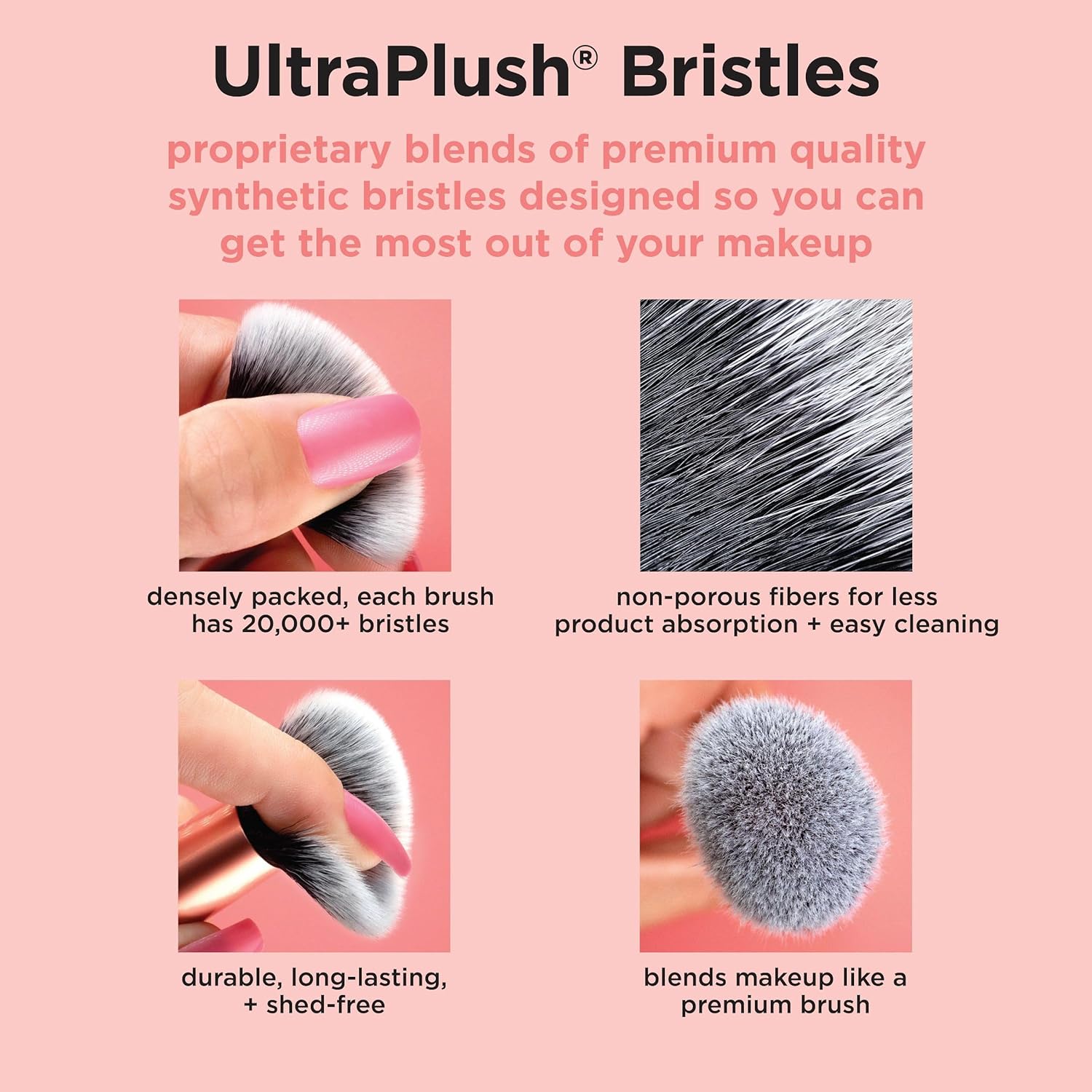 Advertisement for UltraPlush bristles with text and images on a pink background