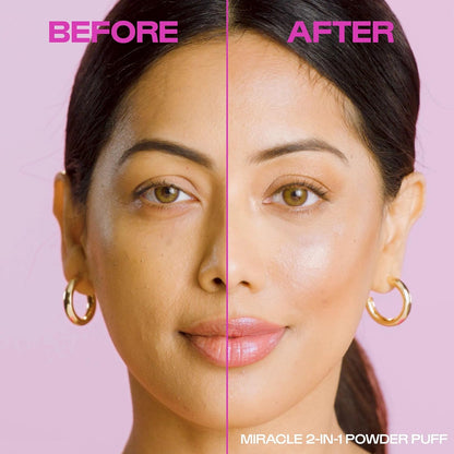 Before and after comparison of a woman's face with a pink background, labeled 'Miracle 2-in-1 Powder Puff'.
