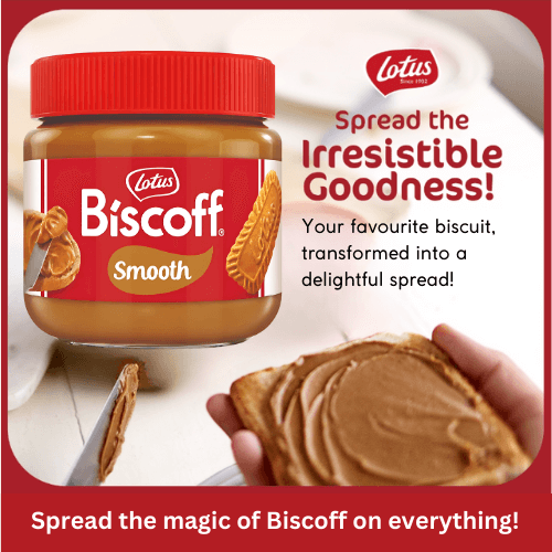 Lotus Biscoff Smooth Spread 200g jar with a slice of bread, showcasing its irresistible caramel flavor.