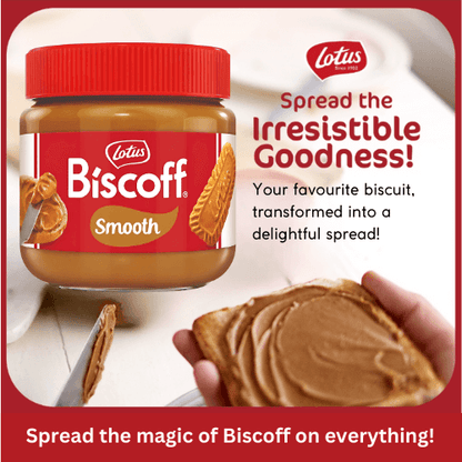 Lotus Biscoff Smooth Spread 200g jar with a slice of bread, showcasing its irresistible caramel flavor.