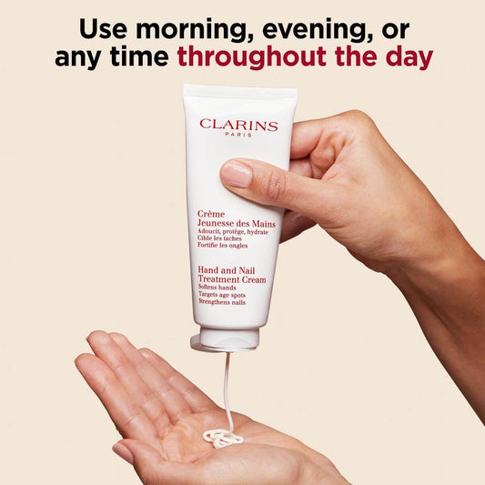 Hand and Nail Treatment Cream by Clarins; hydrates and strengthens nails, suitable for use anytime.