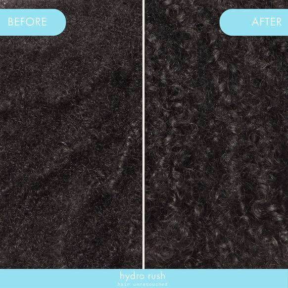 Before and after results of Amika Hydro Rush Leave-In Conditioner showing transformed, hydrated hair texture.