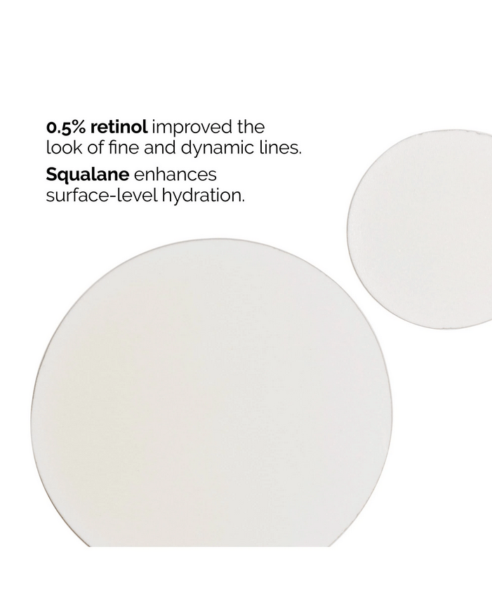 Text highlight about 0.5% retinol improving fine lines and squalane enhancing hydration.