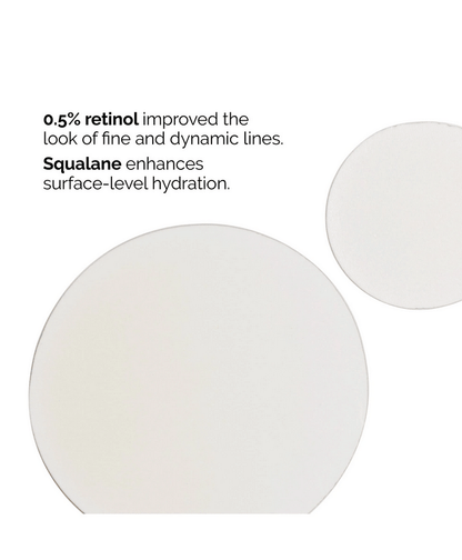 Text highlight about 0.5% retinol improving fine lines and squalane enhancing hydration.