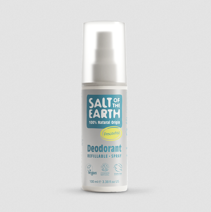 Deodorant spray bottle labeled 'Salt of the Earth' on a light gray background
