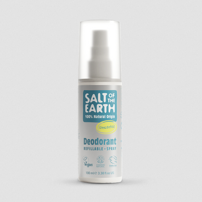 Deodorant spray bottle labeled 'Salt of the Earth' on a light gray background
