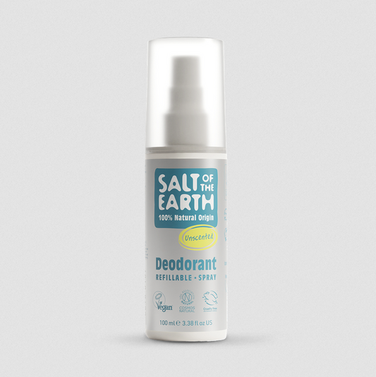 Deodorant spray bottle labeled 'Salt of the Earth' on a light gray background