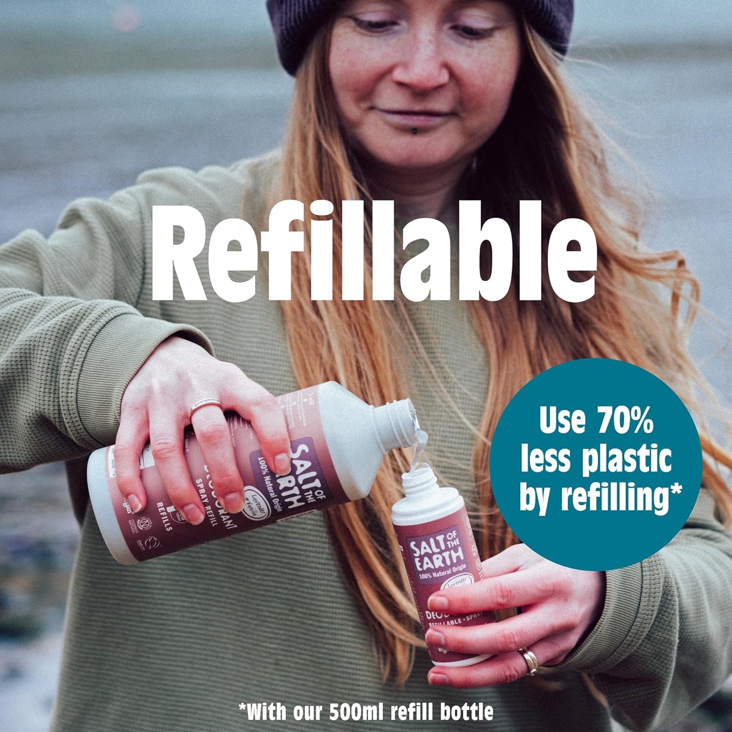 Person refilling a bottle with text Salt of the Earth about refillable products and plastic reduction.