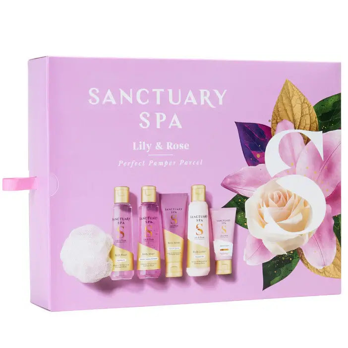Sanctuary Spa Lily & Rose Perfect Pamper Set gift box with spa essentials and a bath puff for relaxation.