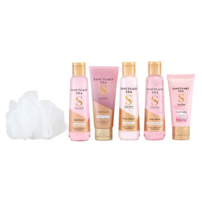Sanctuary Spa Lily & Rose Perfect Pamper Set includes body wash, lotion, scrub, bath float, and a shower loofah - thegoodvibes.