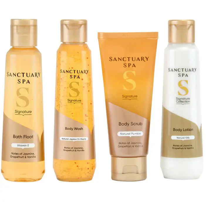 Sanctuary Spa Signature Glow & Go Washbag Set with bath float, body wash, scrub, and lotion, infused with Jasmine, Grapefruit & Vanilla.
