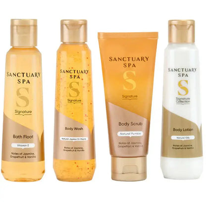 Sanctuary Spa Signature Glow & Go Washbag Set with bath float, body wash, scrub, and lotion, infused with Jasmine, Grapefruit & Vanilla.