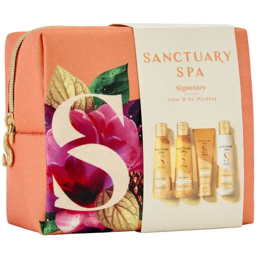 Sanctuary Spa Signature Glow & Go Washbag Set with body wash, scrub, lotion, and bath float in a floral pouch.