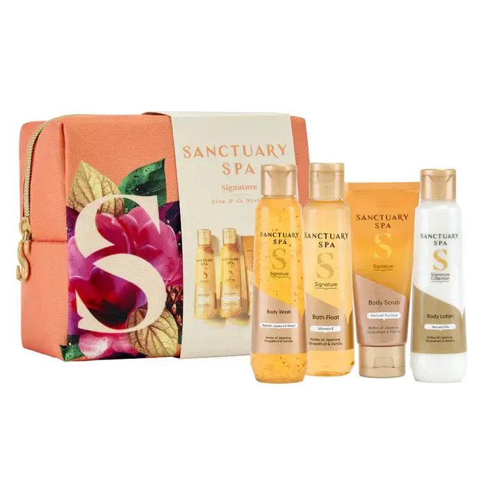 Sanctuary Spa Signature Glow & Go Washbag Set featuring body wash, scrub, lotion and bath float, perfect for pampering.