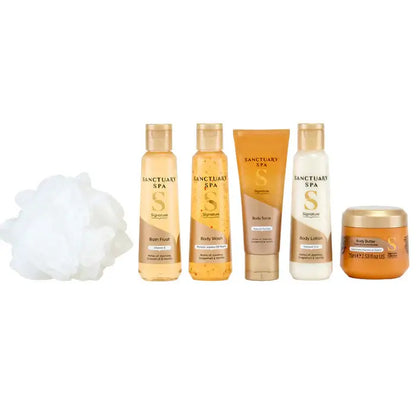 Sanctuary Spa Signature Perfect Pamper Set including body wash, scrub, lotion, and more with a loofah.