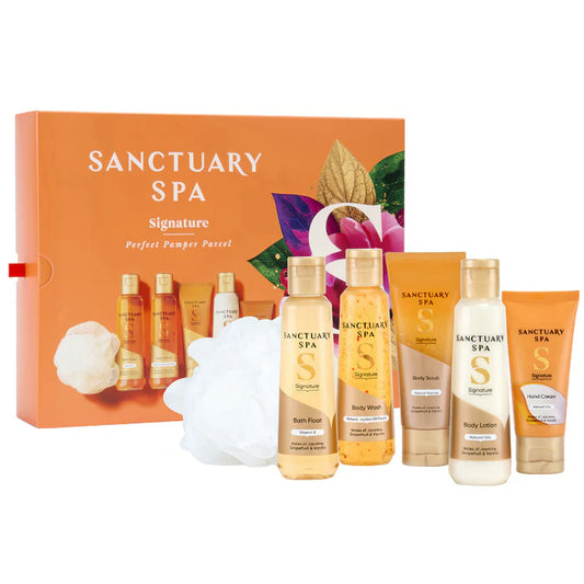 Sanctuary Spa Signature Perfect Pamper Set featuring bath products and a loofah for the ultimate relaxation experience.