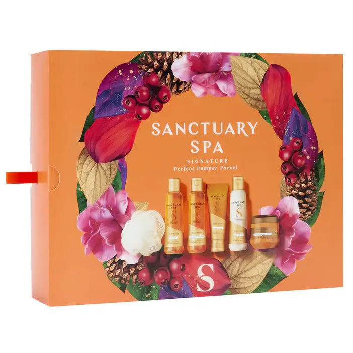 Sanctuary Spa Signature Perfect Pamper Set displayed in a floral-themed box with luxurious skincare products.