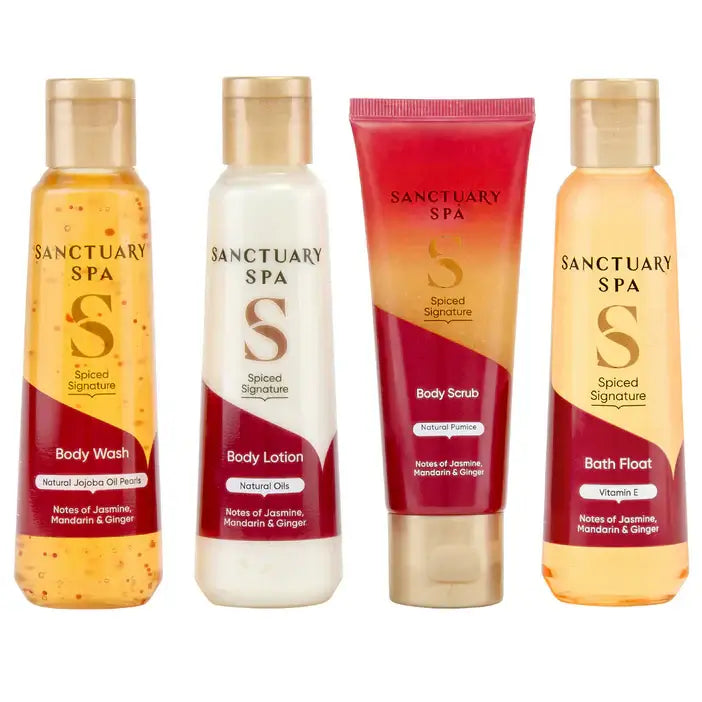 Sanctuary Spa Spiced Signature Pampering Body Rituals Gift Set includes body wash, lotion, scrub, and bath float.