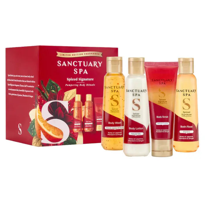 Sanctuary Spa Spiced Signature Pampering Body Rituals Gift Set with body wash, lotion, scrub, and bath float.