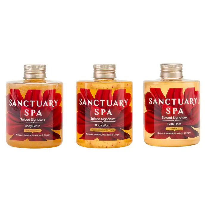 Sanctuary Spa Spiced Signature Stackable Spa Trio Gift Set featuring body scrub, body wash, and bath float.