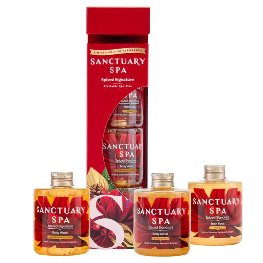 Sanctuary Spa Spiced Signature Stackable Spa Trio Gift Set in elegant packaging with body wash, body scrub, and bath fruit.