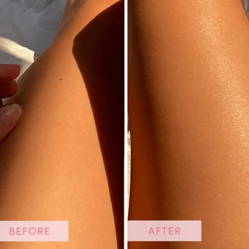 Before and after using Sand & Sky Smoothing Body Sand on legs, showcasing smooth, glowing skin.