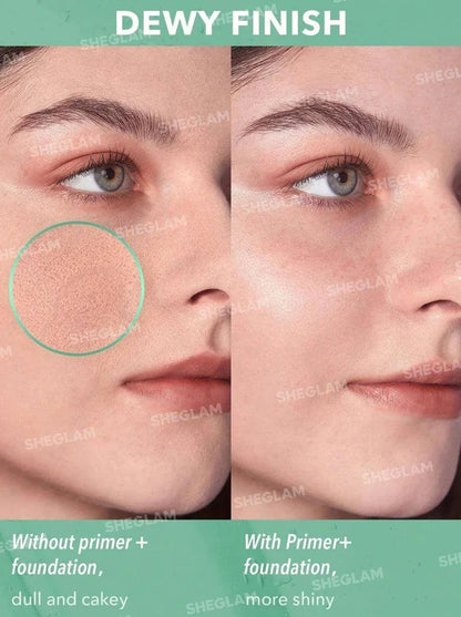 Comparison of skin finish using SHEGLAM Good Grip Hydrating Primer: without primer (dull) vs. with primer (shiny).