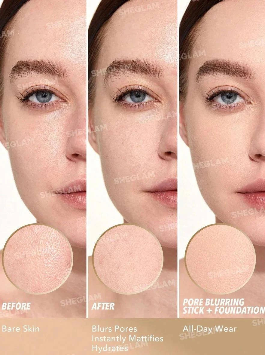 Before and after using SHEGLAM Pore Eraser Blurring Stick for a smooth, pore-less finish with long-lasting hydration.