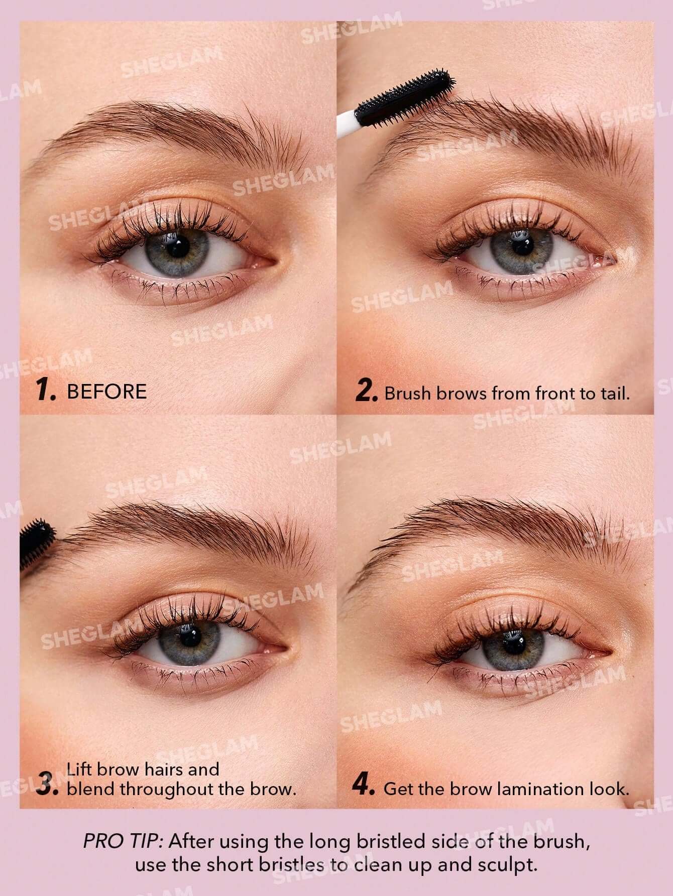 Step-by-step guide for using SHEGLAM Set Me Up Brow Gel, showing brow transformation techniques.