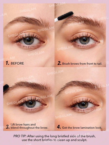 Step-by-step guide for using SHEGLAM Set Me Up Brow Gel, showing brow transformation techniques.