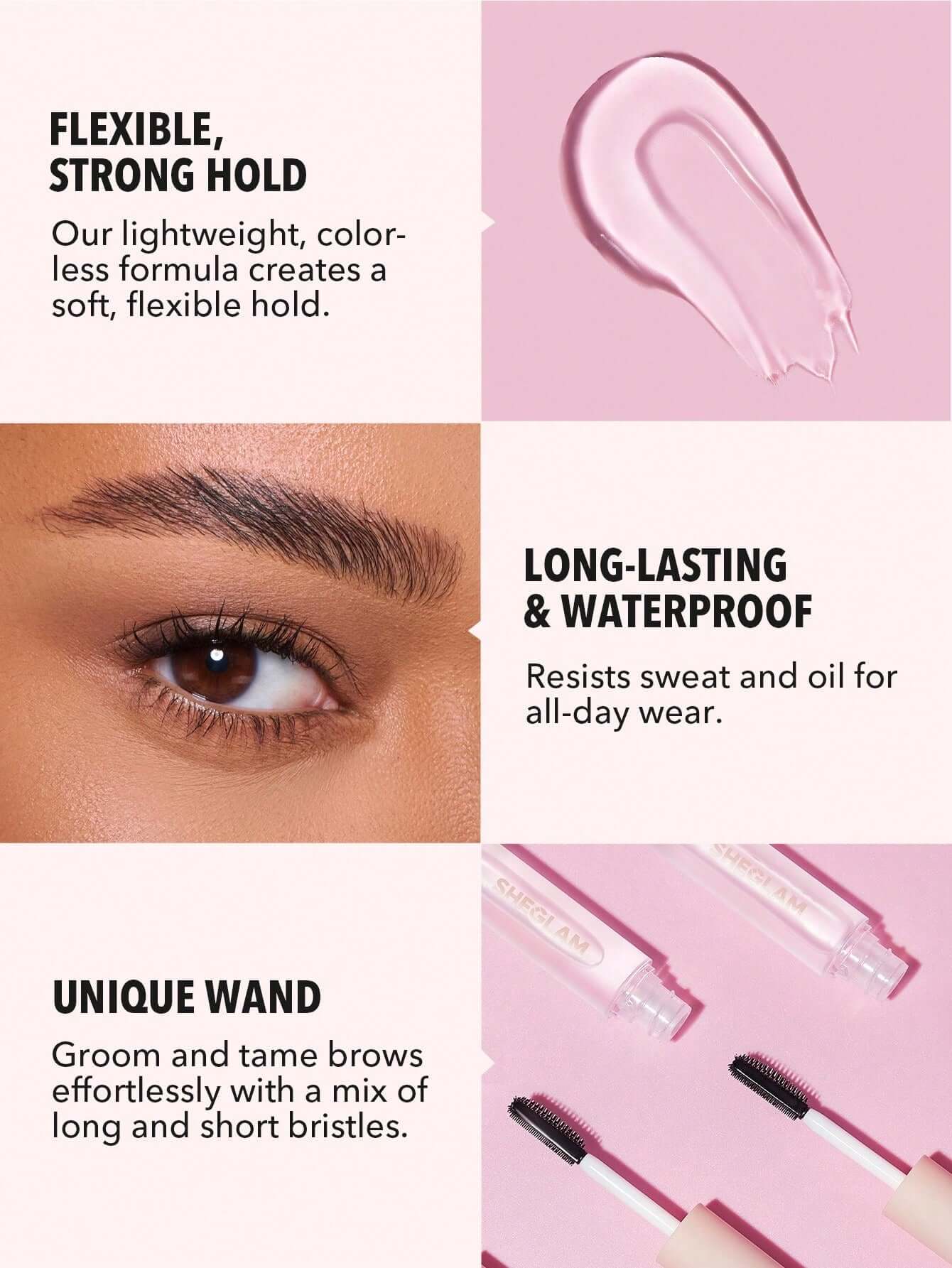 SHEGLAM Set Me Up Brow Gel features flexible hold, waterproof formula, and unique wand for perfect brows.