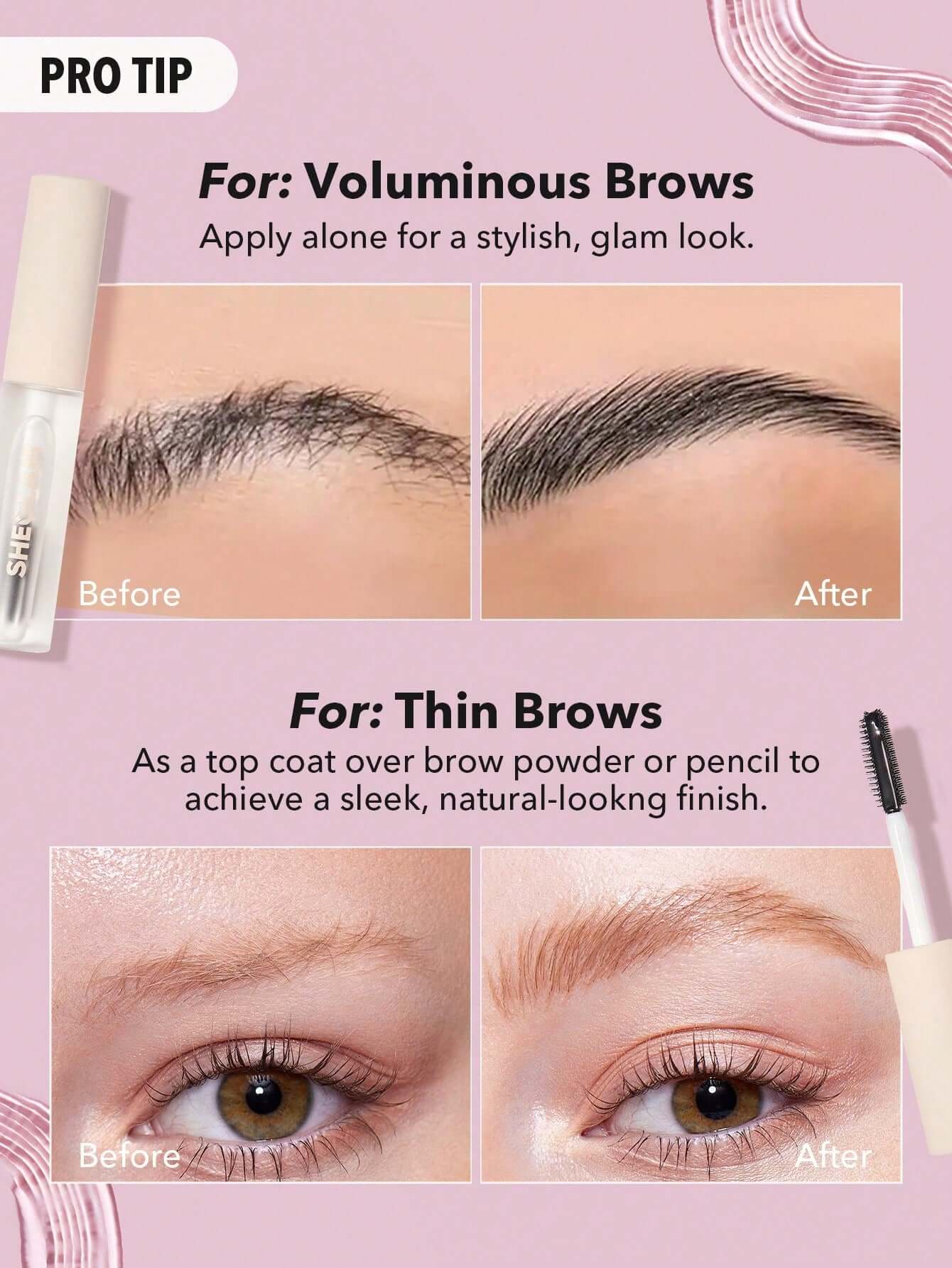 Before and after images showcasing SHEGLAM Set Me Up Brow Gel for volumizing and defining brows.